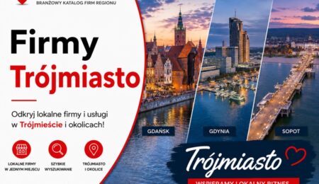 Grafika okładkowa Katalogu MiastoFirm.pl przedstawiająca Trójmiasto – Gdańsk, Gdynię i Sopot – oraz napis „Firmy Trójmiasto”.