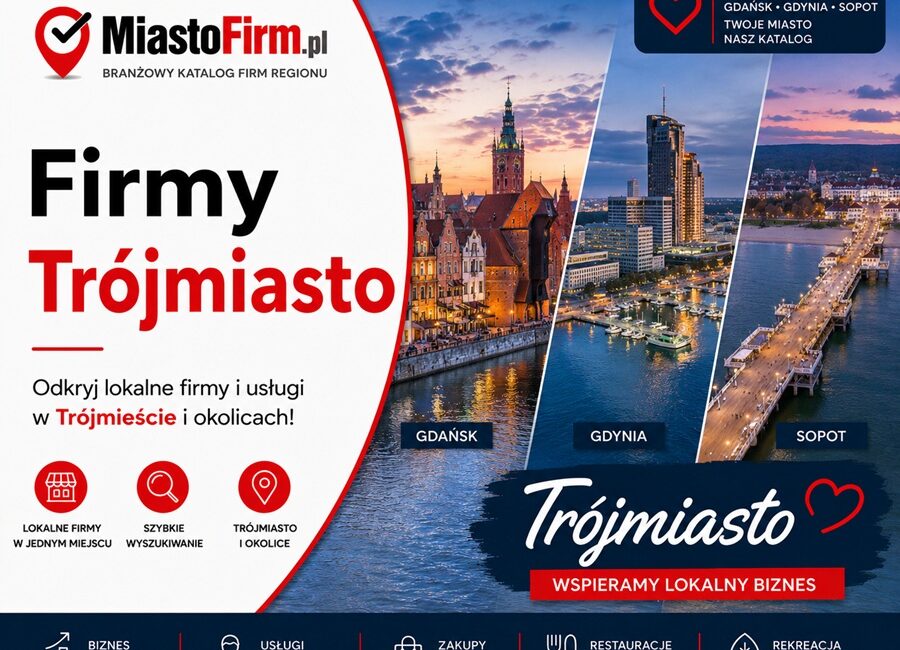 Grafika okładkowa Katalogu MiastoFirm.pl przedstawiająca Trójmiasto – Gdańsk, Gdynię i Sopot – oraz napis „Firmy Trójmiasto”.