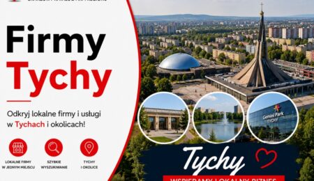 Grafika okładkowa Katalogu MiastoFirm.pl przedstawiająca panoramę Tychów oraz napis „Firmy Tychy”.