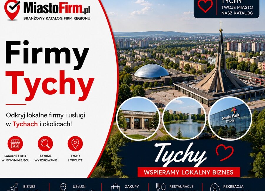 Grafika okładkowa Katalogu MiastoFirm.pl przedstawiająca panoramę Tychów oraz napis „Firmy Tychy”.