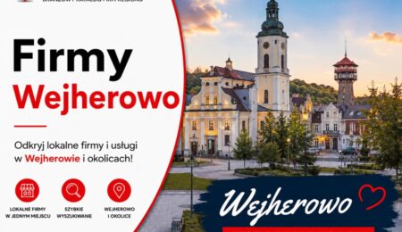 Grafika okładkowa Katalogu MiastoFirm.pl przedstawiająca panoramę Wejherowa oraz napis „Firmy Wejherowo”