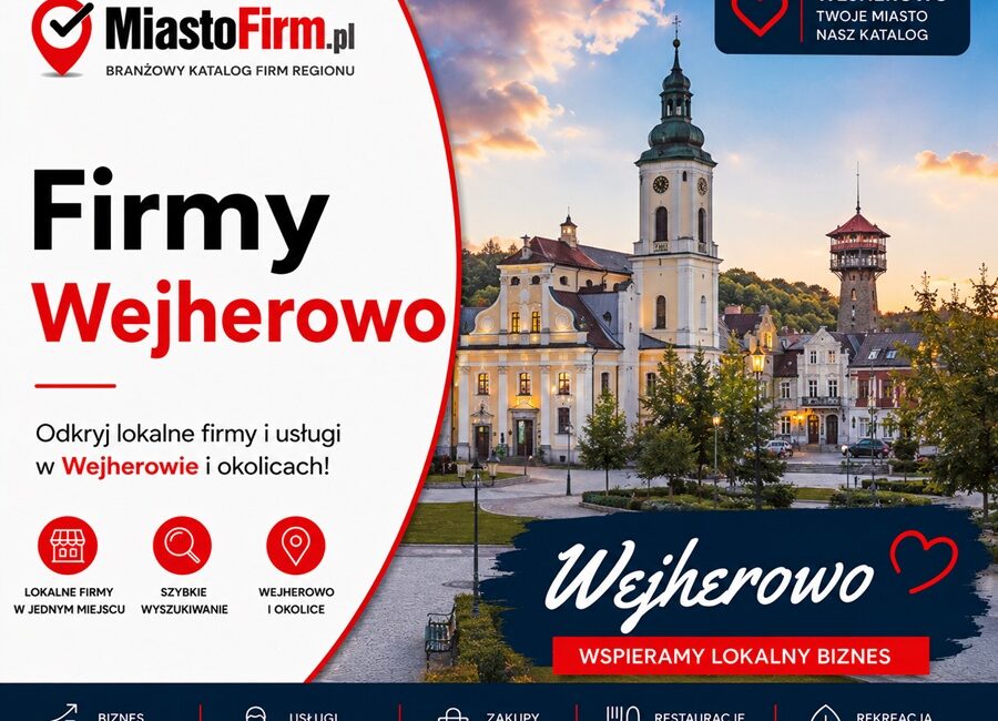 Grafika okładkowa Katalogu MiastoFirm.pl przedstawiająca panoramę Wejherowa oraz napis „Firmy Wejherowo”