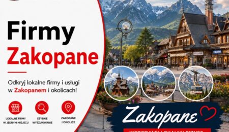 Grafika okładkowa Katalogu MiastoFirm.pl przedstawiająca panoramę Zakopanego oraz napis „Firmy Zakopane”.