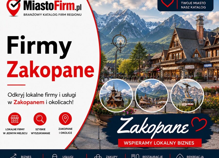 Grafika okładkowa Katalogu MiastoFirm.pl przedstawiająca panoramę Zakopanego oraz napis „Firmy Zakopane”.