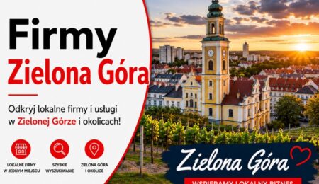 Grafika okładkowa Katalogu MiastoFirm.pl przedstawiająca panoramę Zielonej Góry oraz napis „Firmy Zielona Góra”.