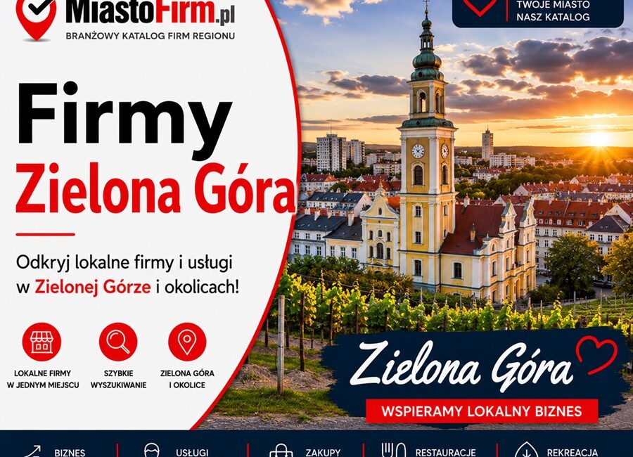 Grafika okładkowa Katalogu MiastoFirm.pl przedstawiająca panoramę Zielonej Góry oraz napis „Firmy Zielona Góra”.
