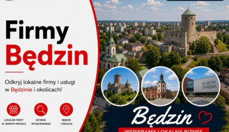 Firmy w Będzinie – odkryj lokalne firmy i usługi w Katalogu MiastoFirm.pl. Grafika okładkowa Katalogu MiastoFirm.pl przedstawiająca panoramę Będzina oraz napis „Firmy Będzin”.