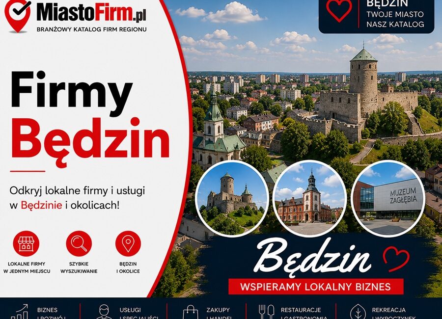 Grafika okładkowa Katalogu MiastoFirm.pl przedstawiająca panoramę Będzina oraz napis „Firmy Będzin”.
