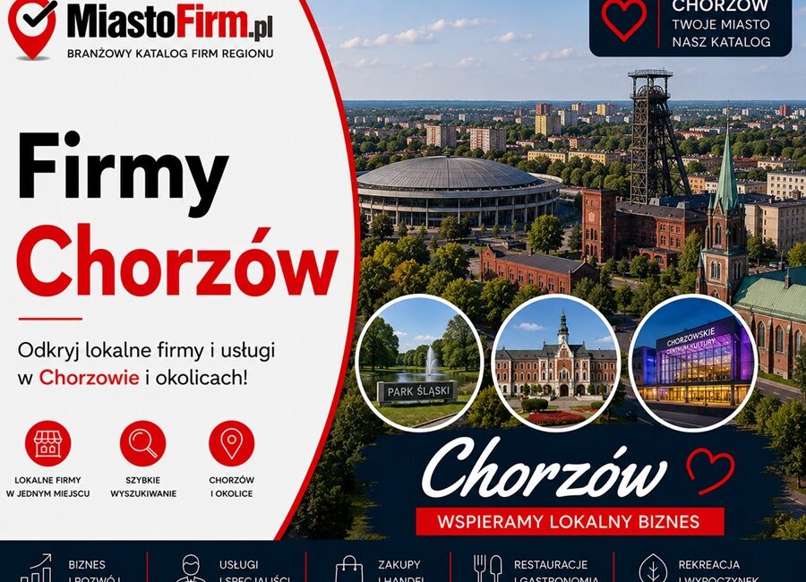 Grafika okładkowa Katalogu MiastoFirm.pl przedstawiająca panoramę Chorzowa oraz napis „Firmy Chorzów”.