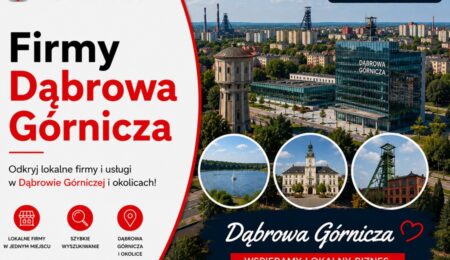 Firmy w Dąbrowie Górniczej – odkryj lokalne firmy i usługi w Katalogu MiastoFirm.pl. Grafika okładkowa Katalogu MiastoFirm.pl przedstawiająca panoramę Dąbrowy Górniczej oraz napis „Firmy Dąbrowa Górnicza”.