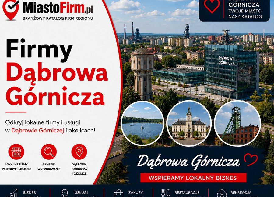 Grafika okładkowa Katalogu MiastoFirm.pl przedstawiająca panoramę Dąbrowy Górniczej oraz napis „Firmy Dąbrowa Górnicza”.
