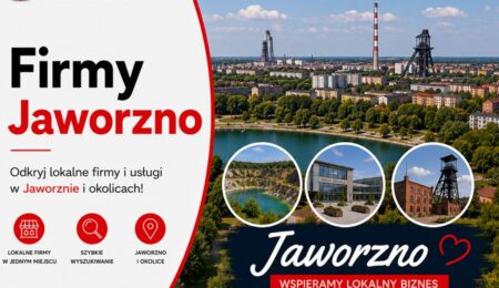 Firmy w Jaworznie – odkryj lokalne firmy i usługi w Katalogu MiastoFirm.pl. Grafika okładkowa Katalogu MiastoFirm.pl przedstawiająca panoramę Jaworzna oraz napis „Firmy Jaworzno”.