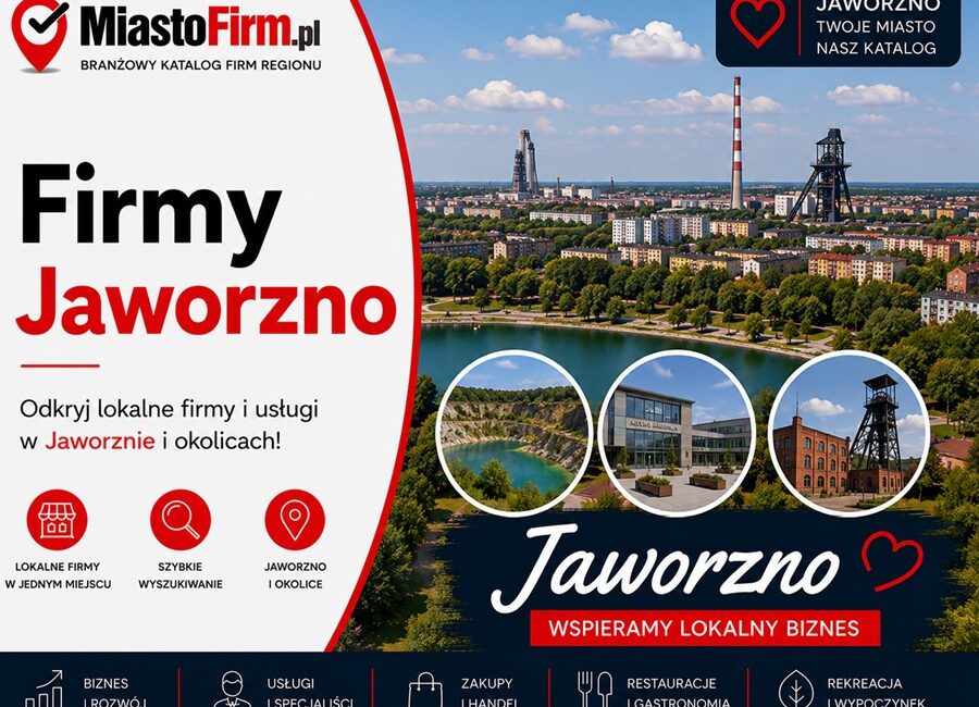 Grafika okładkowa Katalogu MiastoFirm.pl przedstawiająca panoramę Jaworzna oraz napis „Firmy Jaworzno”.