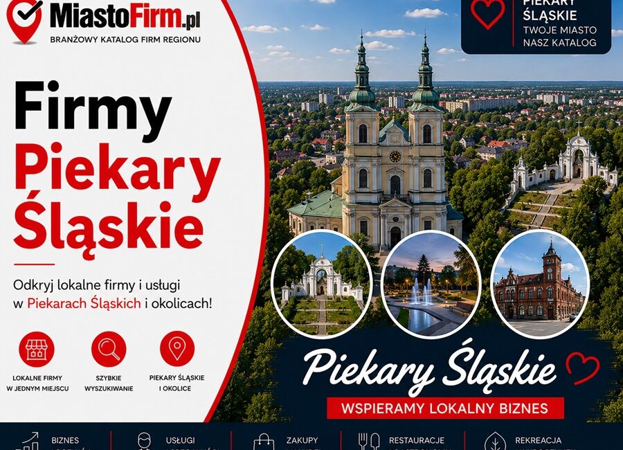 Grafika okładkowa Katalogu MiastoFirm.pl przedstawiająca panoramę Piekar Śląskich oraz napis „Firmy Piekary Śląskie”.