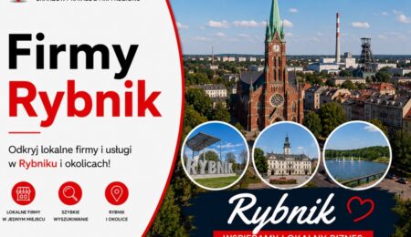 Firmy w Rybniku – odkryj lokalne firmy i usługi w Katalogu MiastoFirm.pl. Grafika okładkowa Katalogu MiastoFirm.pl przedstawiająca panoramę Rybnika oraz napis „Firmy Rybnik”.