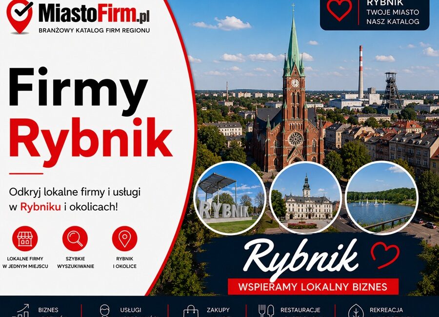Grafika okładkowa Katalogu MiastoFirm.pl przedstawiająca panoramę Rybnika oraz napis „Firmy Rybnik”.