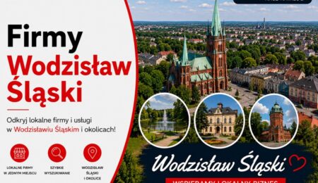 Grafika okładkowa Katalogu MiastoFirm.pl przedstawiająca panoramę Wodzisławia Śląskiego oraz napis „Firmy Wodzisław Śląski”.