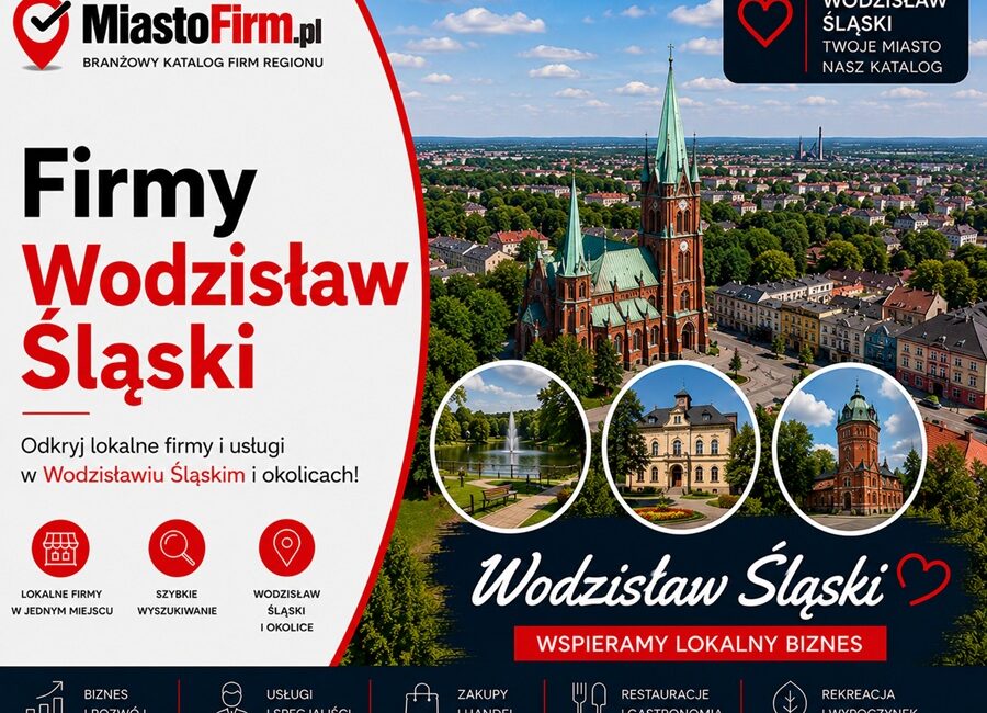 Grafika okładkowa Katalogu MiastoFirm.pl przedstawiająca panoramę Wodzisławia Śląskiego oraz napis „Firmy Wodzisław Śląski”.